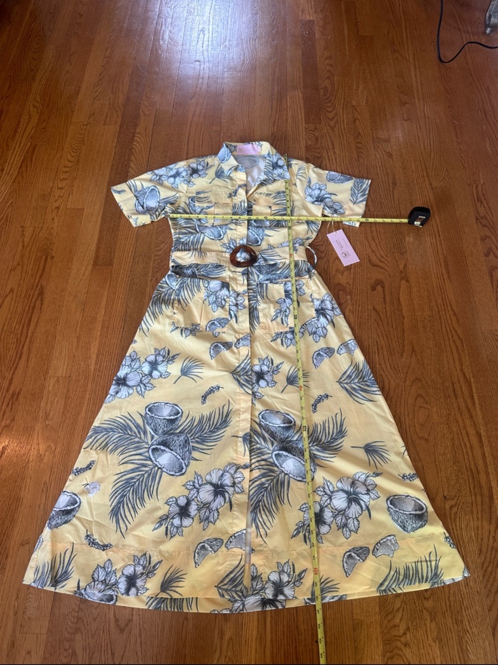 Liliana Meza Yellow Maxi Shirt Dress with Acrylic Buckle Belt size Medium NWT